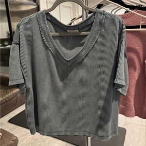 Lush Ribbed V-Neck Short Sleeve Top - Blue